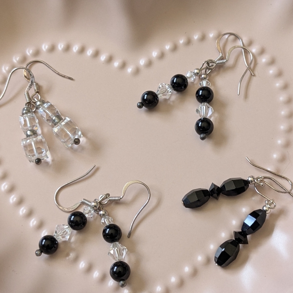 4 Pairs of Clear And Black Beaded Dangle Earrings